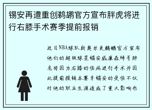 锡安再遭重创鹈鹕官方宣布胖虎将进行右膝手术赛季提前报销